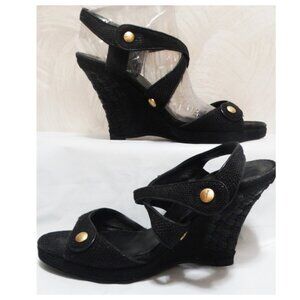 Salvatore Ferragamo ITALY Black Woven Heel Sandal Wedge size 8B, burlap fabric